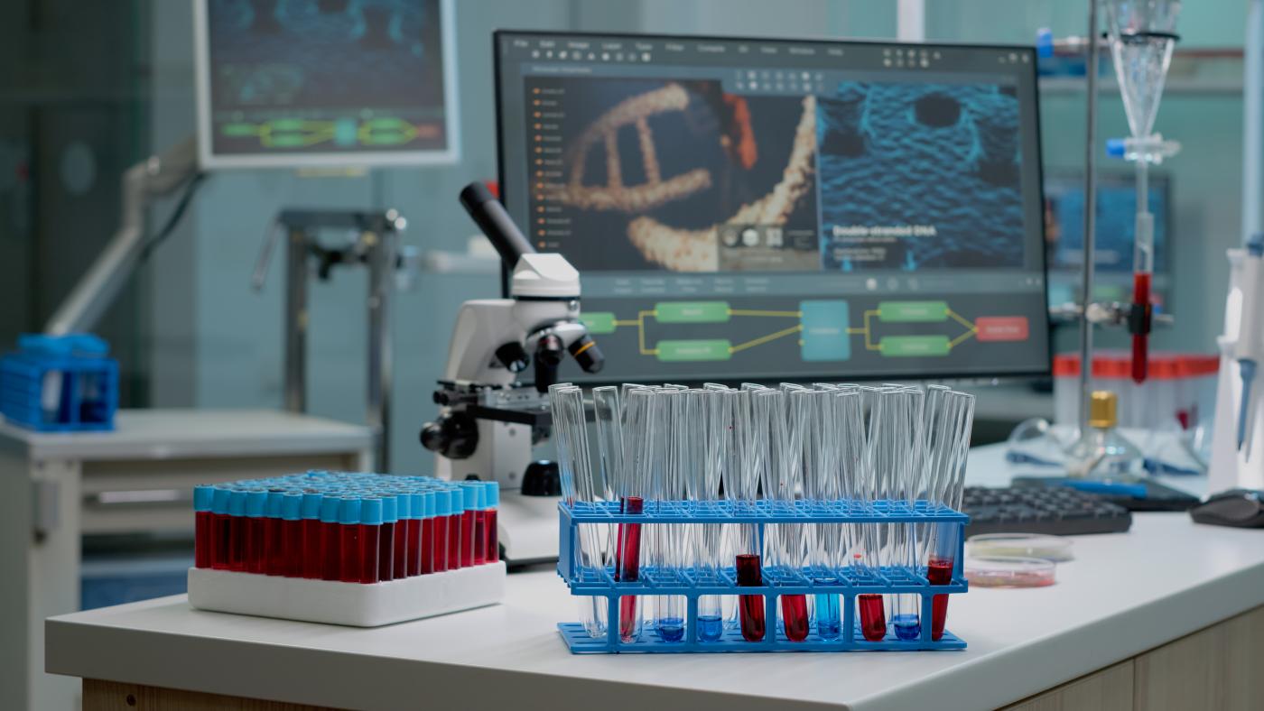 medical test tubes with blood on the desk in the laboratory