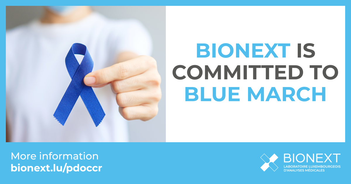 Blue ribbon held in a hand, symbol of Mars Bleu, with the message “BIONEXT is committed to Mars Bleu” and link to bionext.lu/pdoccr