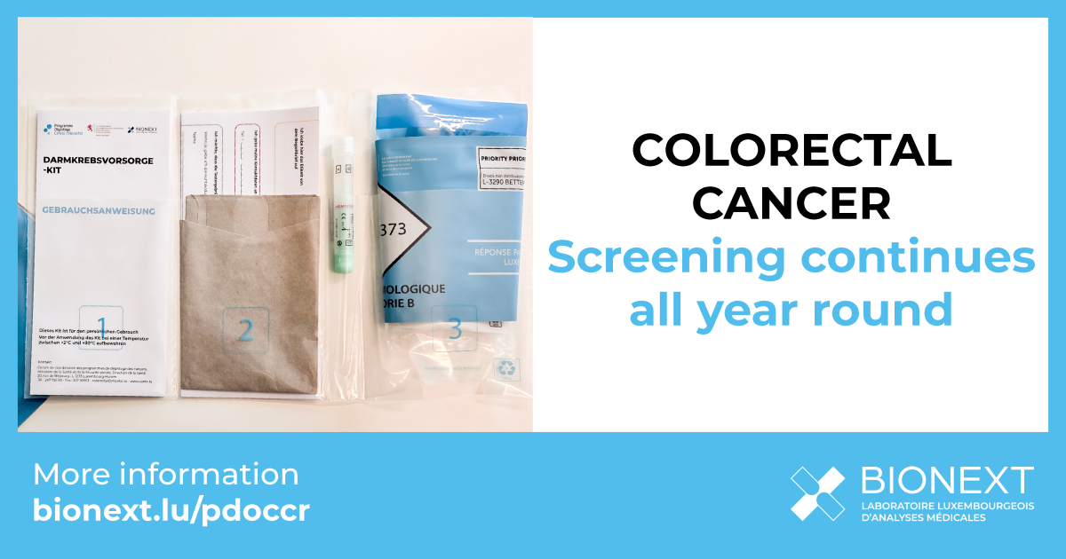 Colorectal cancer screening kit used in the screening program organized in Luxembourg, with a prevention message indicating that screening continues throughout the year.