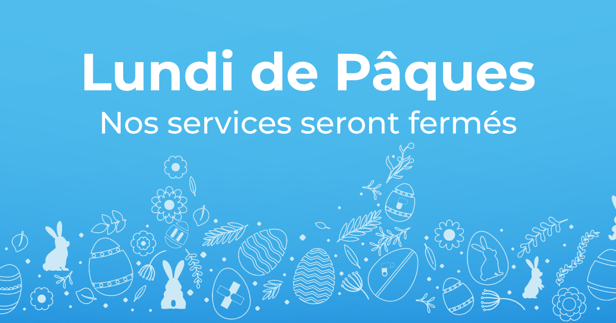 Affiche annonçant la fermeture des services BIONEXT pour le lundi de Pâques, avec le message « Nos services seront fermés » sur fond bleu décoré de motifs de Pâques (œufs, lapins, fleurs).