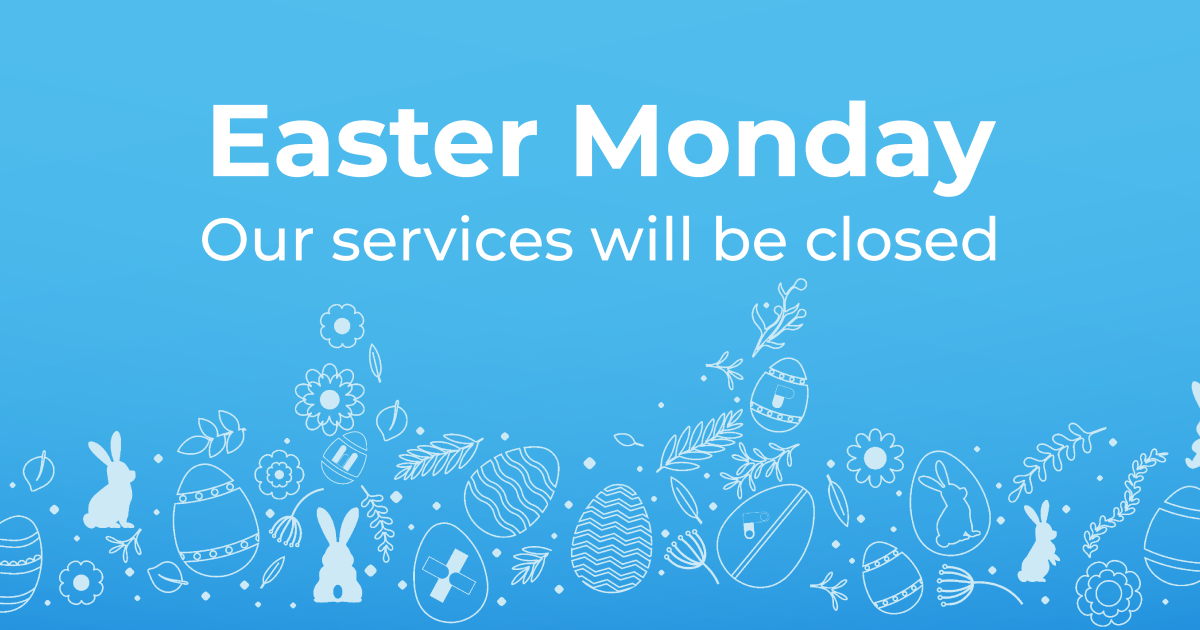 Visual announcing the closure of BIONEXT services on Easter Monday, with the message “Our services will be closed” on a blue background with Easter-themed illustrations (eggs, rabbits, flowers).