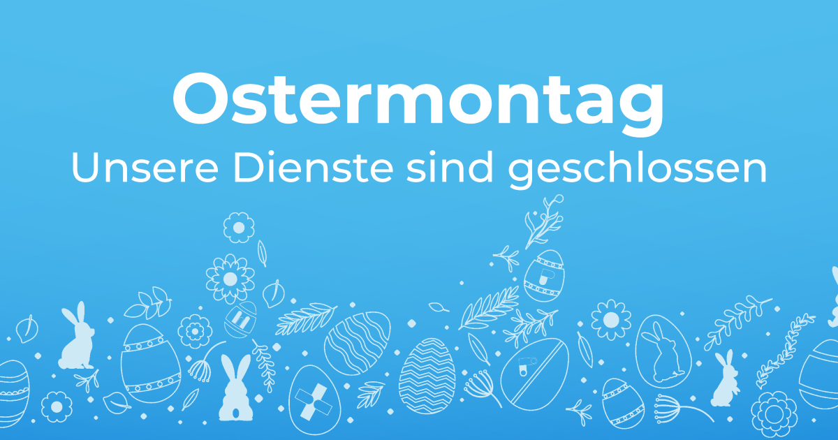 Visual zur Ankündigung der Schließung der BIONEXT-Dienste am Ostermontag mit dem Hinweis „Unsere Dienste sind geschlossen“ auf blauem Hintergrund mit Osterillustrationen (Eier, Hasen, Blumen).
