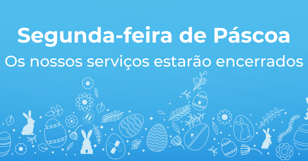 Imagem a anunciar o encerramento dos serviços BIONEXT na segunda-feira de Páscoa, com a mensagem “Os nossos serviços estarão encerrados” sobre fundo azul com ilustrações de Páscoa (ovos, coelhos, flores).