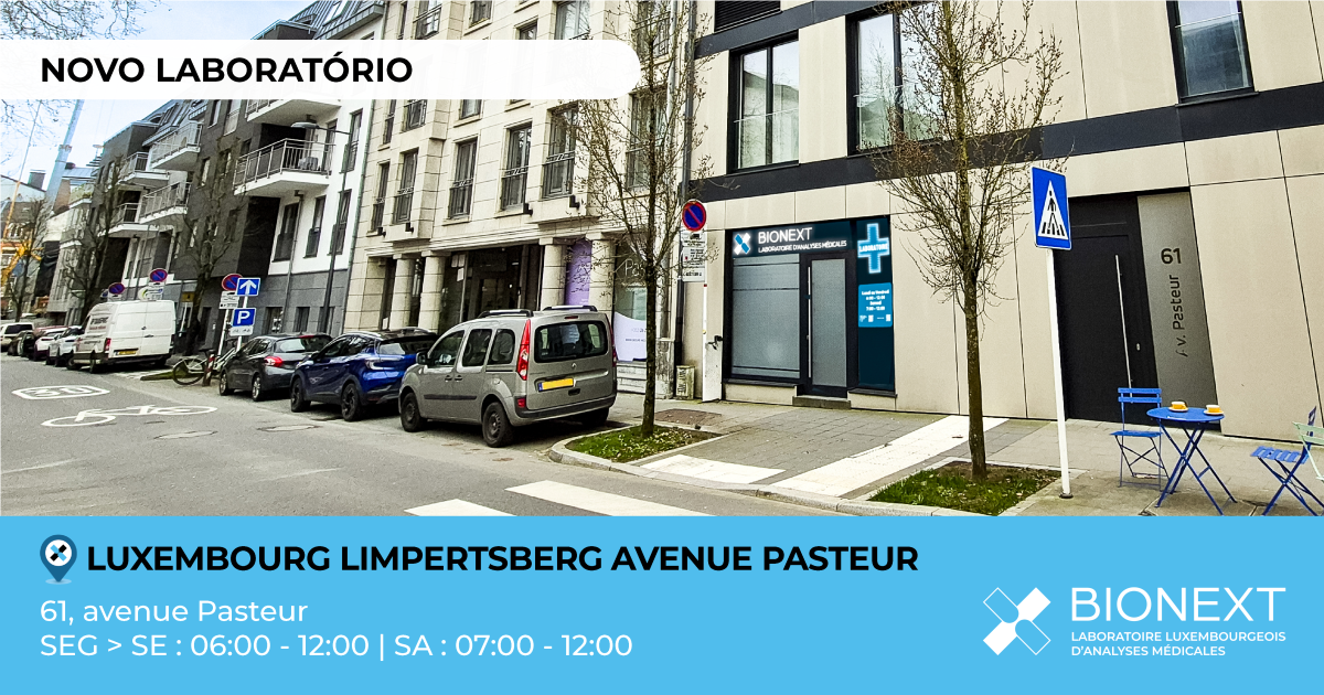 Laboratório de análises médicas BIONEXT Luxemburgo Limpertsberg, avenida Pasteur 61, novo centro de colheitas com horários e acesso para pacientes