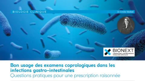 Illustration médicale de bactéries avec le titre « Bon usage des examens coprologiques dans les infections gastro-intestinales » par BIONEXT, avec Dr Emilie Weibel.