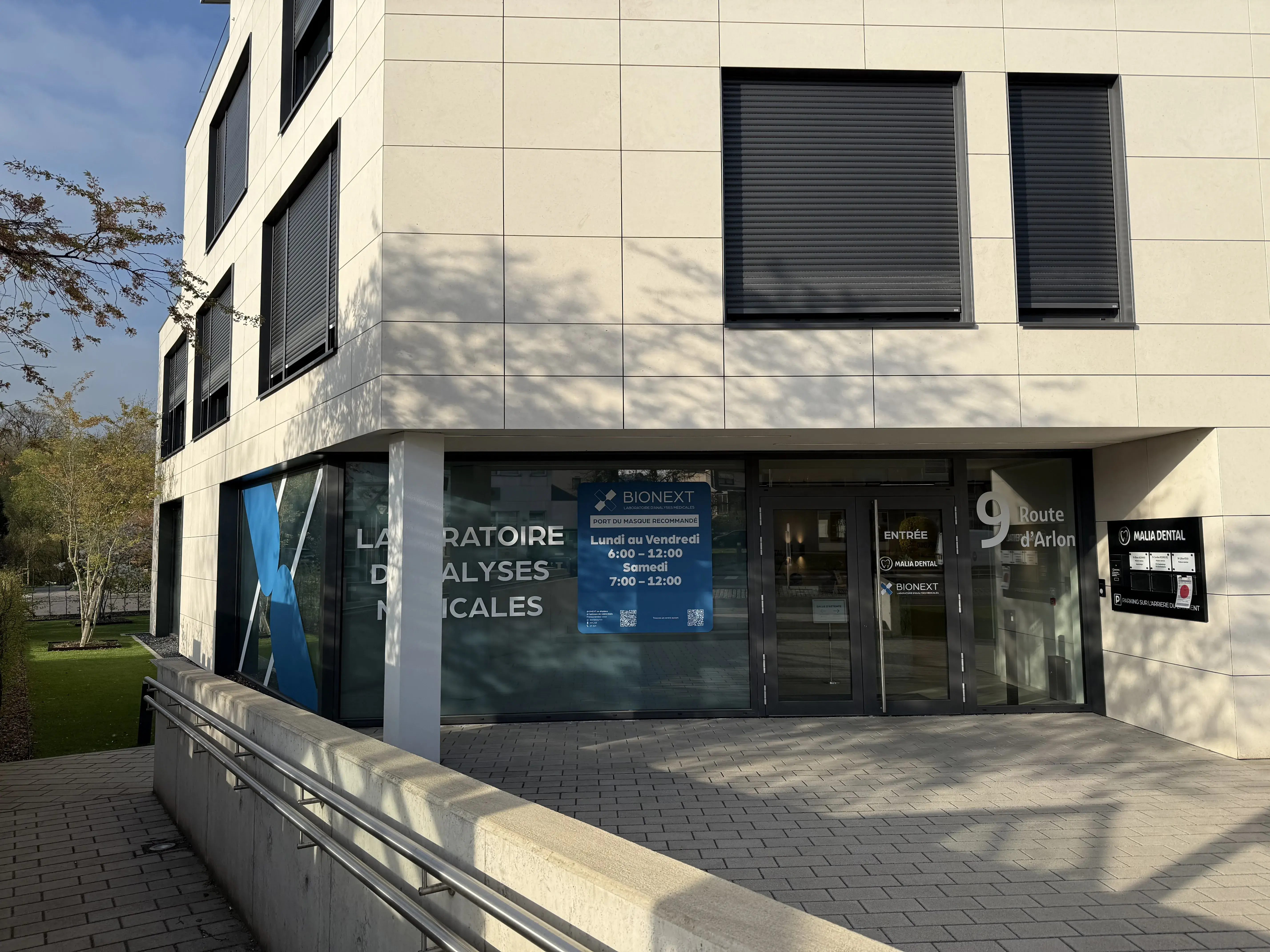 Fachada do laboratório de análises médicas BIONEXT em Mamer, 9 route d'Arlon 