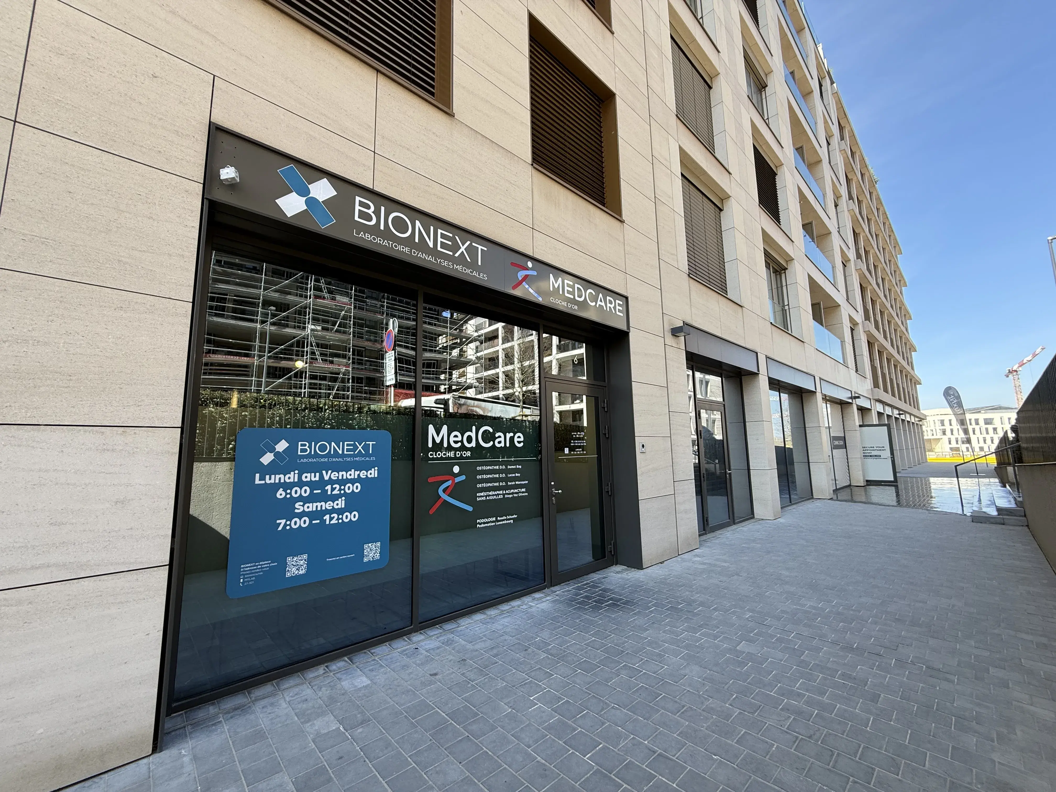 Façade du laboratoire d'analyses médicales BIONEXT à Luxembourg, 6 rue Leonardo Da Vinci