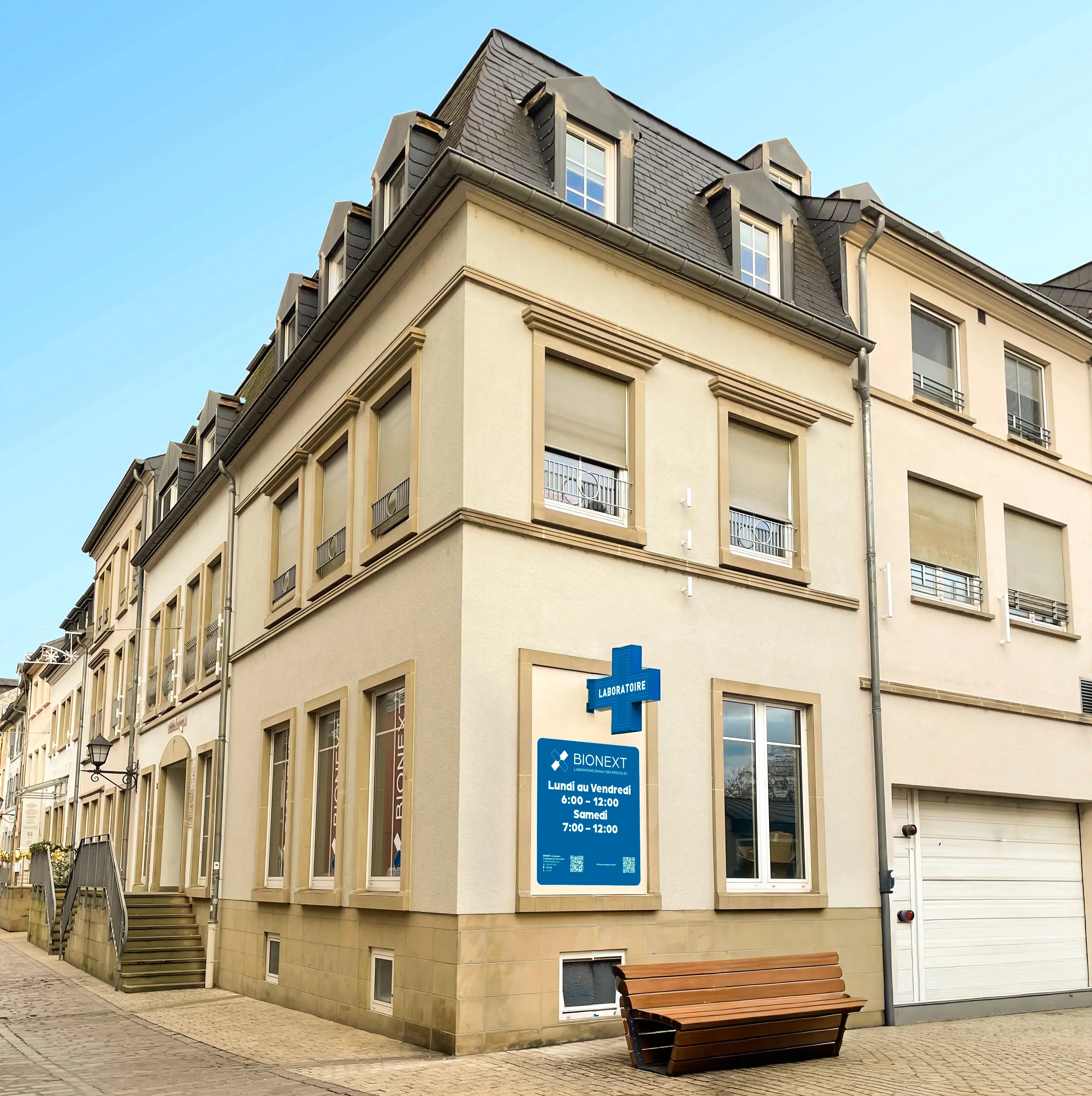 Facade of the BIONEXT medical analysis laboratory in Remich, 39 rue de Macher