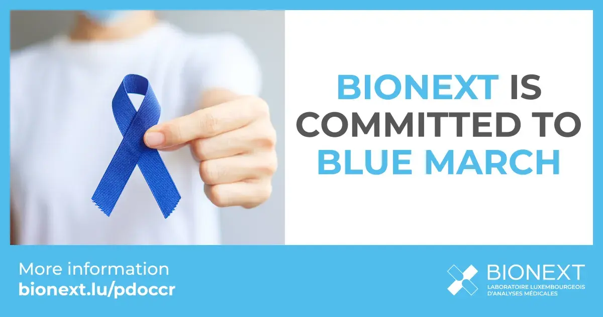 Blue ribbon held in a hand, symbol of Mars Bleu, with the message “BIONEXT is committed to Mars Bleu” and link to bionext.lu/pdoccr