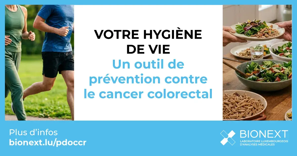 Montage photo illustrant la prévention du cancer colorectal : à gauche, deux personnes pratiquent une activité physique en extérieur ; à droite, un repas sain et riche en fibres est partagé à table. Au centre, le texte "Votre hygiène de vie : un outil de prévention contre le cancer colorectal" sur fond blanc avec le logo Bionext