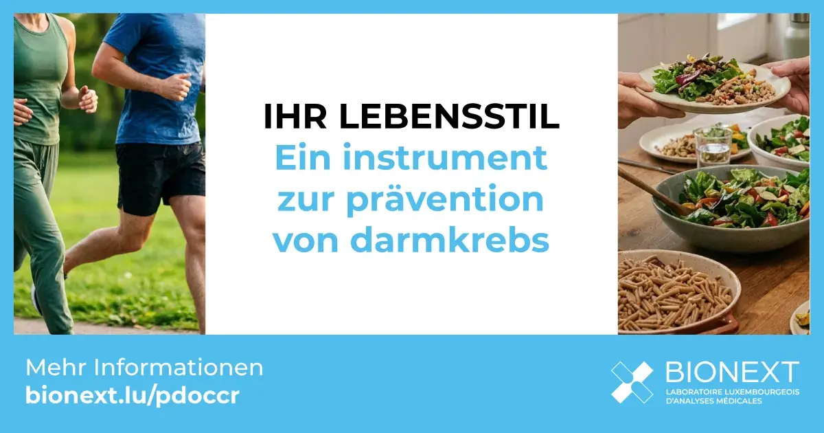Fotomontage zur Darmkrebsprävention: links zwei Personen bei körperlicher Aktivität im Freien; rechts eine gesunde, ballaststoffreiche Mahlzeit an einem Tisch. In der Mitte der Text „Ihr Lebensstil: ein Instrument zur Prävention von Darmkrebs“ auf weißem Hintergrund mit dem Bionext-Logo.