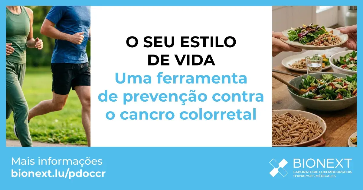 Montagem fotográfica ilustrando a prevenção do cancro colorretal: à esquerda, duas pessoas praticando atividade física ao ar livre; à direita, uma refeição saudável e rica em fibras partilhada à mesa. No centro, o texto "O seu estilo de vida: uma ferramenta de prevenção contra o cancro colorretal" num fundo branco com o logótipo da Bionext.