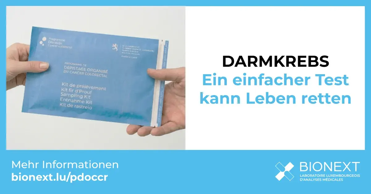Darmkrebs-Screening-Testkit des luxemburgischen Programms in der Hand gehalten.
