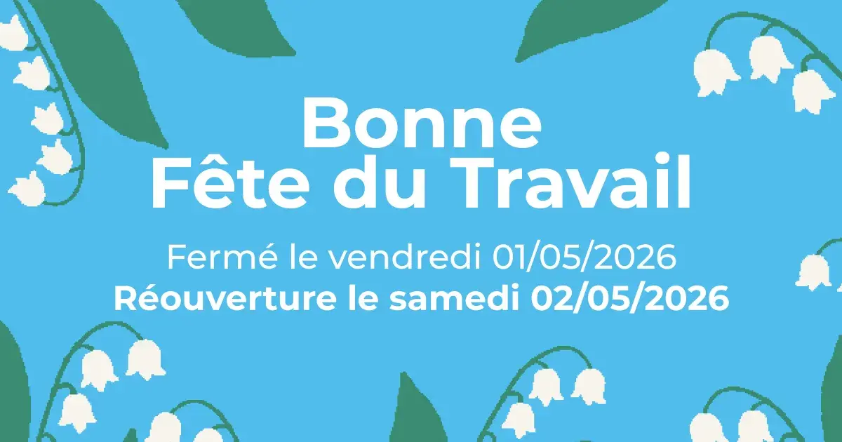 Affiche BIONEXT illustrée de muguet annonçant la fermeture pour la Fête du Travail : fermé le vendredi 1er mai 2026 et réouverture le samedi 2 mai 2026.