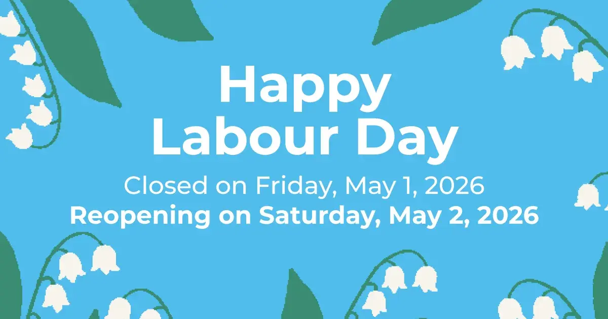 BIONEXT poster illustrated with lily of the valley announcing the closure for Labor Day: closed on Friday, May 1, 2026, and reopened on Saturday, May 2, 2026.