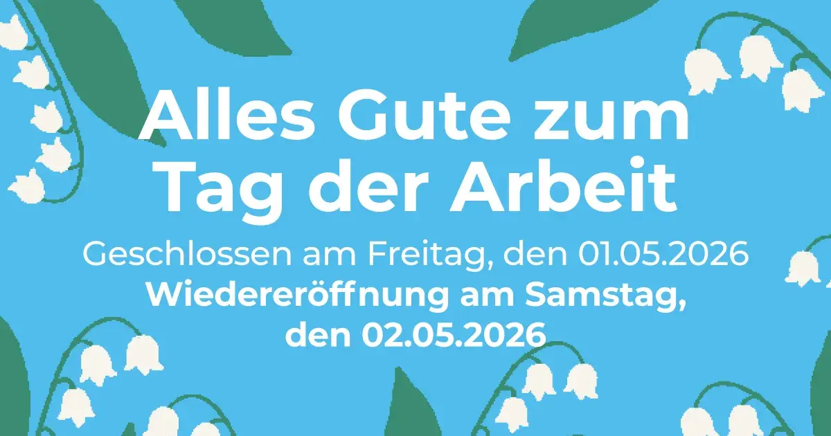BIONEXT-Plakat mit Muguet-Bildern, das die Schließung zum Tag der Arbeit ankündigt: geschlossen am Freitag, den 1. Mai 2026, und wiedereröffnet am Samstag, den 2. Mai 2026.