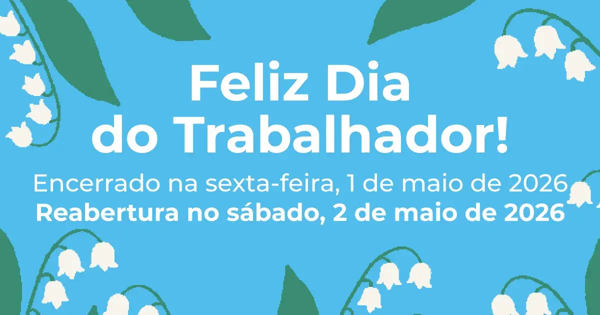 Cartaz BIONEXT ilustrado com muguet anunciando o fechamento para o Dia do Trabalhador: fechado na sexta-feira, 1 de maio de 2026, e reabertura no sábado, 2 de maio de 2026.