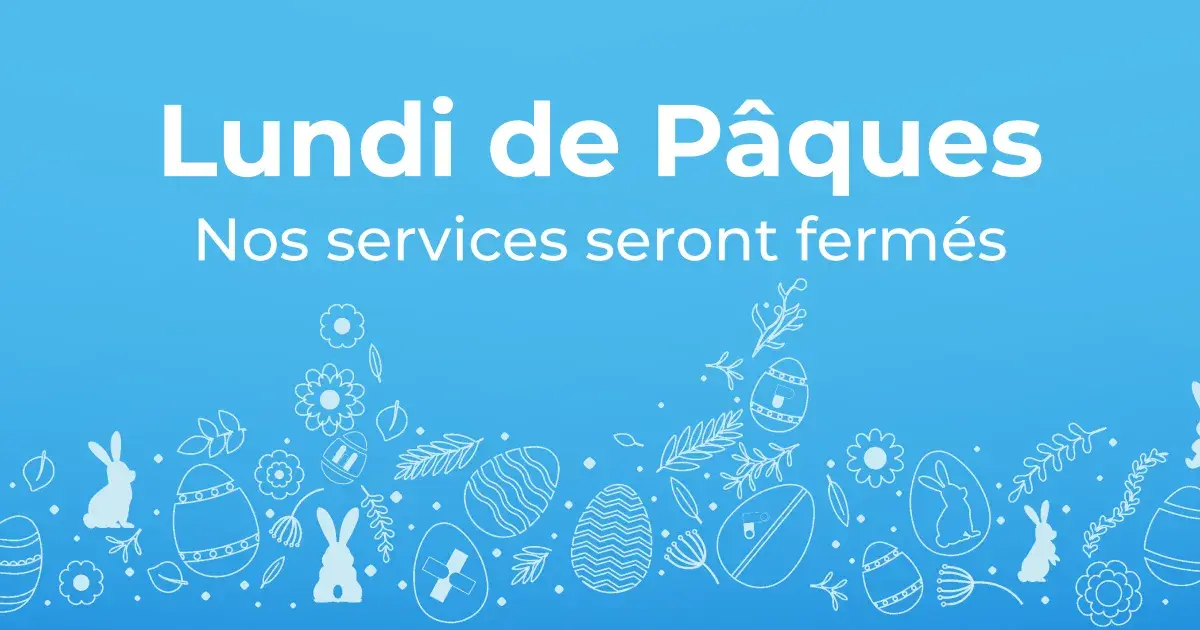 Affiche annonçant la fermeture des services BIONEXT pour le lundi de Pâques, avec le message « Nos services seront fermés » sur fond bleu décoré de motifs de Pâques (œufs, lapins, fleurs).
