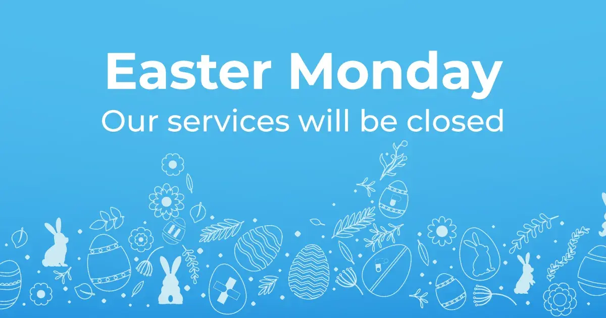Visual announcing the closure of BIONEXT services on Easter Monday, with the message “Our services will be closed” on a blue background with Easter-themed illustrations (eggs, rabbits, flowers).