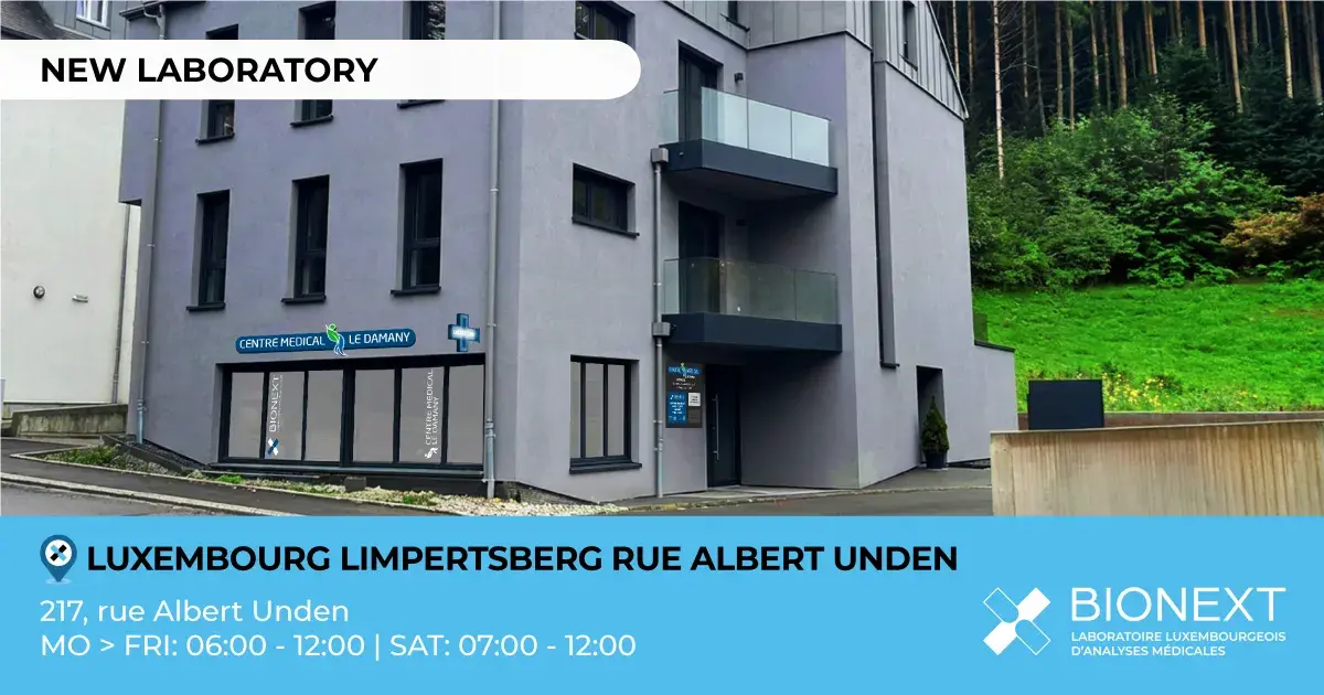 New BIONEXT laboratory in Luxembourg Limpertsberg, located at 217 rue Albert Unden, open Monday to Friday from 6:00 to 12:00 and Saturday from 7:00 to 12:00.