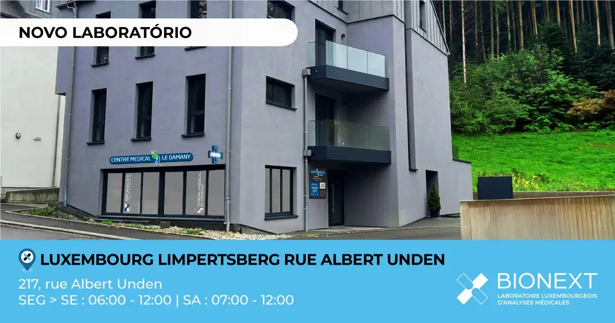 Novo laboratório BIONEXT em Luxembourg Limpertsberg, situado na 217 rue Albert Unden, aberto de segunda a sexta das 6:00 às 12:00 e ao sábado das 7:00 às 12:00.