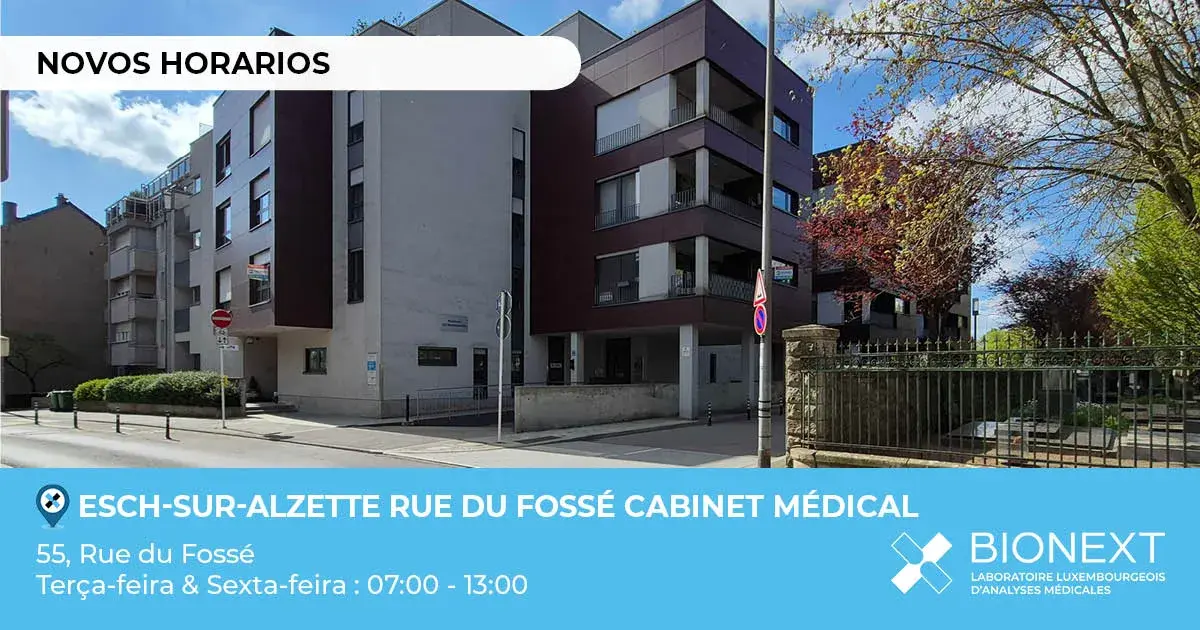 Fachada de um consultório médico da BIONEXT localizado na rue du Fossé em Esch-sur-Alzette, com a indicação ‘Novos horários’. A imagem apresenta o endereço ‘55, rue du Fossé’ e os horários de funcionamento: terça-feira e sexta-feira das 07:00 às 13:00