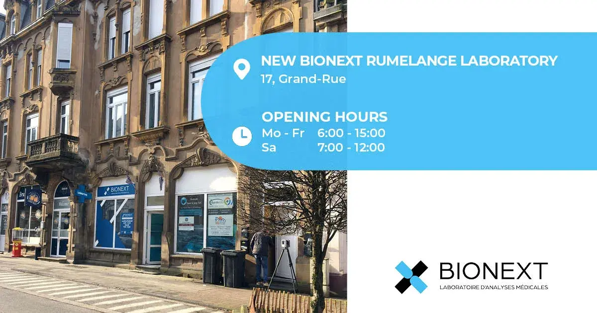 Located in Rumelange, the BIONEXT medical analysis laboratory offers a highly qualified service for your health tests. Our expert technicians take blood, urine, genetic and other samples with care and precision. Our commitments focus on an optimal patient journey: quality of reception, minimum waiting and rapid results. Our 100% Luxembourg laboratory is equipped with the latest technologies to guarantee the reliability and speed of analyzes